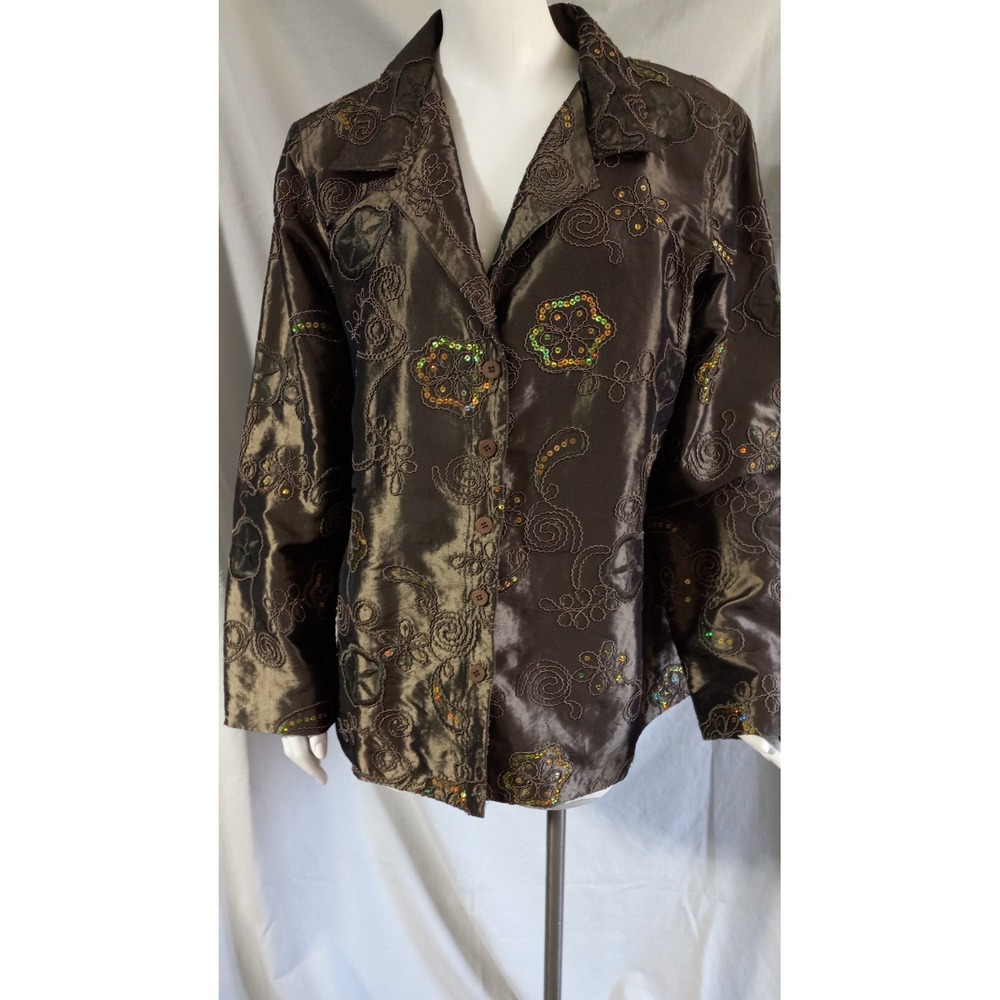 Susan Graver Style large green embroidered sequin satin shimmery blouse jacket